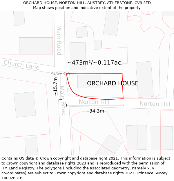 ORCHARD HOUSE, NORTON HILL, AUSTREY, ATHERSTONE, CV9 3ED: Plot and title map