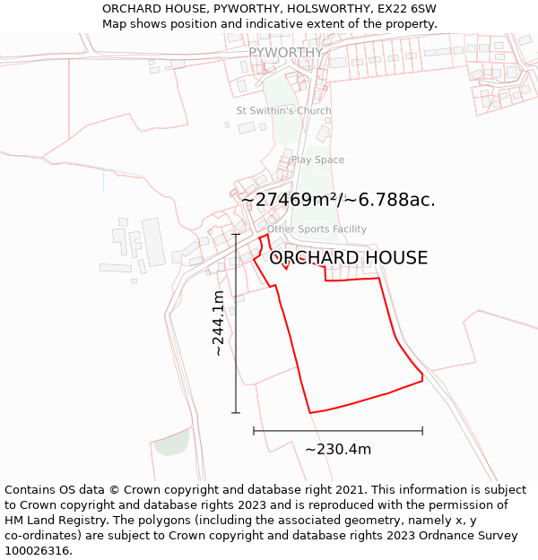 ORCHARD HOUSE, PYWORTHY, HOLSWORTHY, EX22 6SW: Plot and title map