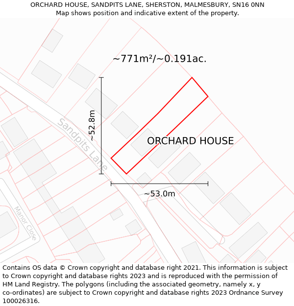 ORCHARD HOUSE, SANDPITS LANE, SHERSTON, MALMESBURY, SN16 0NN: Plot and title map
