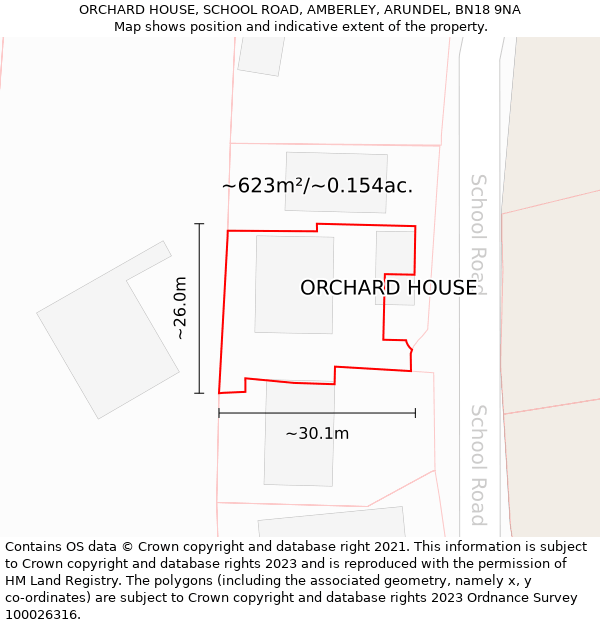 ORCHARD HOUSE, SCHOOL ROAD, AMBERLEY, ARUNDEL, BN18 9NA: Plot and title map