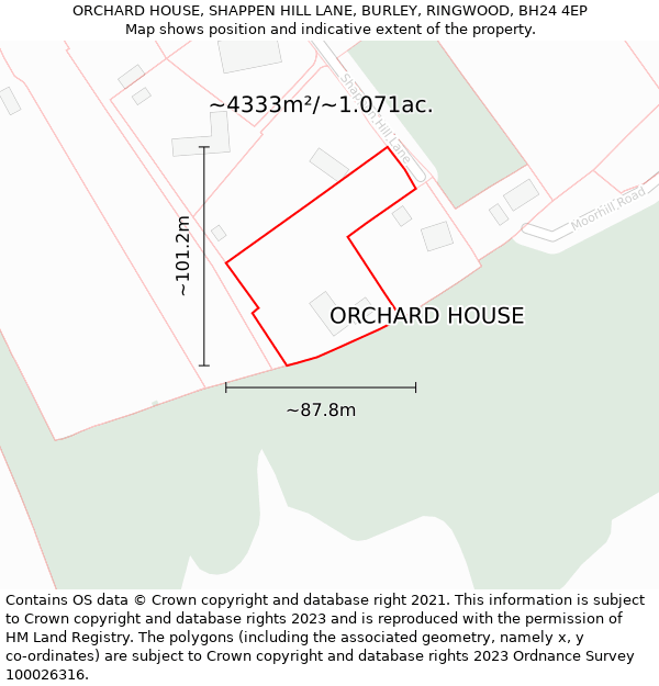 ORCHARD HOUSE, SHAPPEN HILL LANE, BURLEY, RINGWOOD, BH24 4EP: Plot and title map