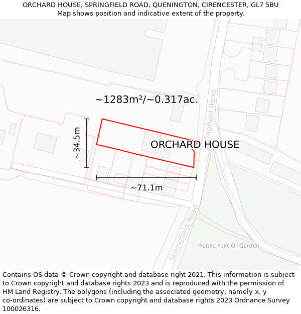 ORCHARD HOUSE, SPRINGFIELD ROAD, QUENINGTON, CIRENCESTER, GL7 5BU: Plot and title map