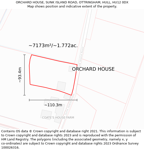 ORCHARD HOUSE, SUNK ISLAND ROAD, OTTRINGHAM, HULL, HU12 0DX: Plot and title map