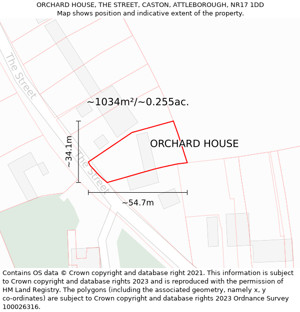 ORCHARD HOUSE, THE STREET, CASTON, ATTLEBOROUGH, NR17 1DD: Plot and title map