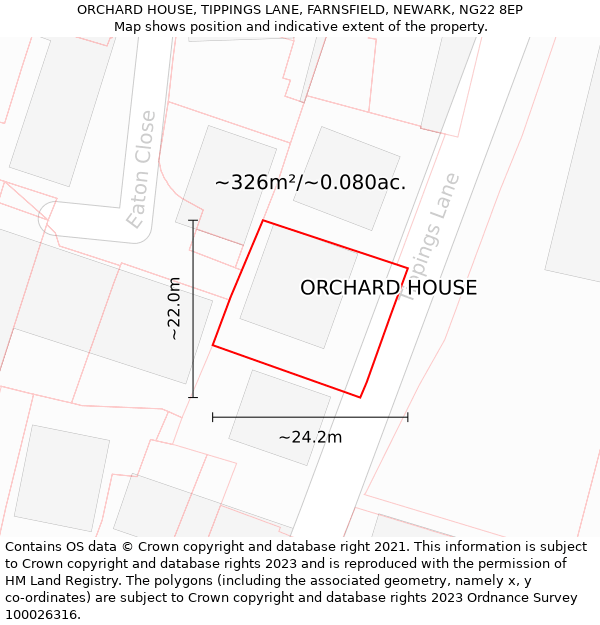 ORCHARD HOUSE, TIPPINGS LANE, FARNSFIELD, NEWARK, NG22 8EP: Plot and title map