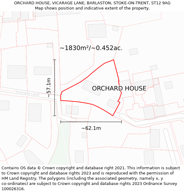 ORCHARD HOUSE, VICARAGE LANE, BARLASTON, STOKE-ON-TRENT, ST12 9AG: Plot and title map