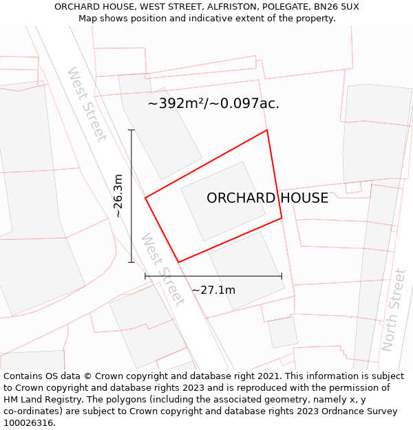ORCHARD HOUSE, WEST STREET, ALFRISTON, POLEGATE, BN26 5UX: Plot and title map