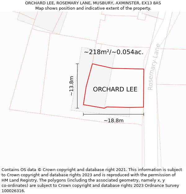 ORCHARD LEE, ROSEMARY LANE, MUSBURY, AXMINSTER, EX13 8AS: Plot and title map