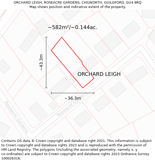 ORCHARD LEIGH, ROSEACRE GARDENS, CHILWORTH, GUILDFORD, GU4 8RQ: Plot and title map