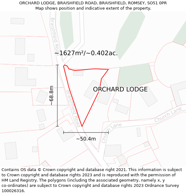 ORCHARD LODGE, BRAISHFIELD ROAD, BRAISHFIELD, ROMSEY, SO51 0PR: Plot and title map