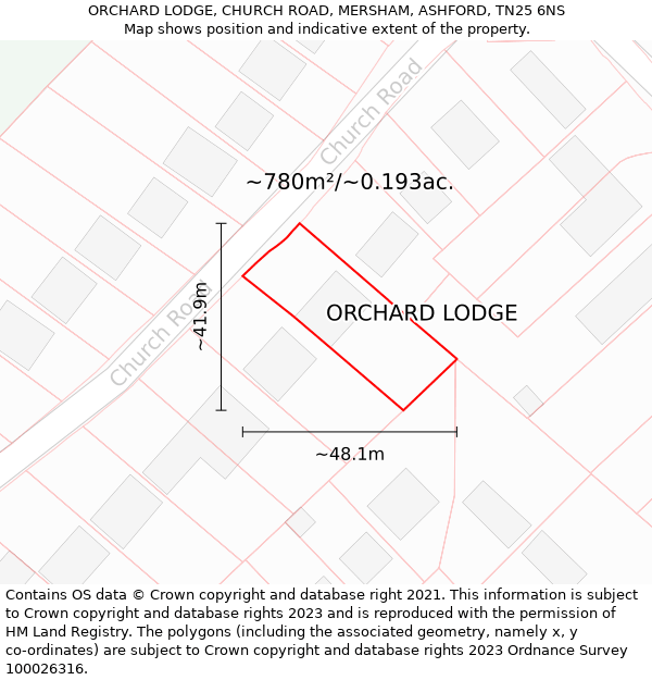 ORCHARD LODGE, CHURCH ROAD, MERSHAM, ASHFORD, TN25 6NS: Plot and title map