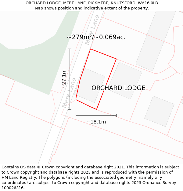 ORCHARD LODGE, MERE LANE, PICKMERE, KNUTSFORD, WA16 0LB: Plot and title map
