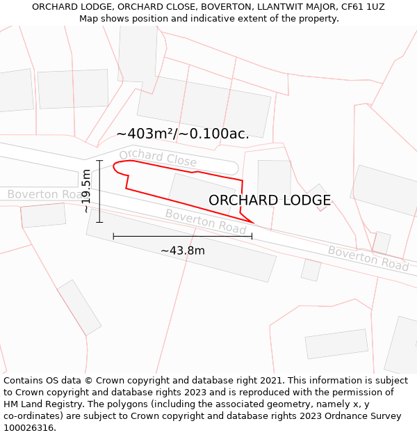 ORCHARD LODGE, ORCHARD CLOSE, BOVERTON, LLANTWIT MAJOR, CF61 1UZ: Plot and title map