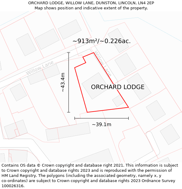 ORCHARD LODGE, WILLOW LANE, DUNSTON, LINCOLN, LN4 2EP: Plot and title map