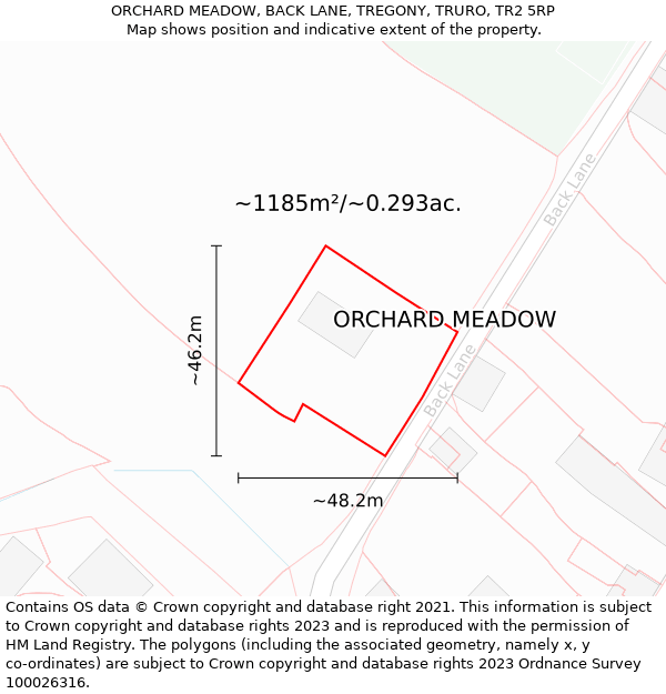 ORCHARD MEADOW, BACK LANE, TREGONY, TRURO, TR2 5RP: Plot and title map