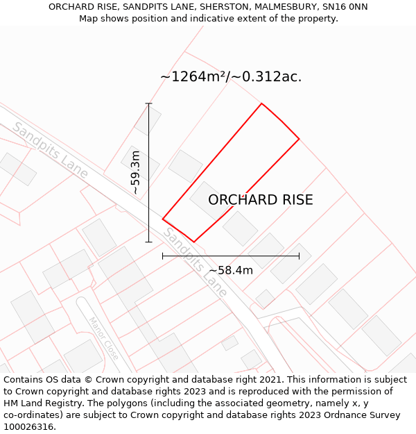 ORCHARD RISE, SANDPITS LANE, SHERSTON, MALMESBURY, SN16 0NN: Plot and title map