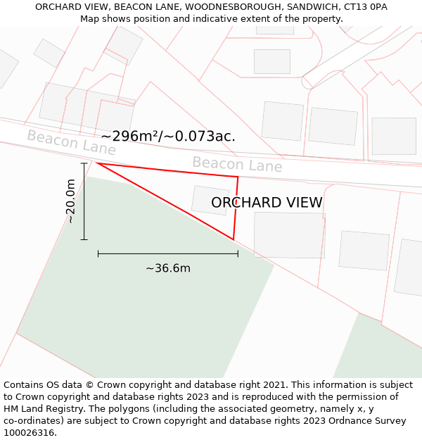 ORCHARD VIEW, BEACON LANE, WOODNESBOROUGH, SANDWICH, CT13 0PA: Plot and title map