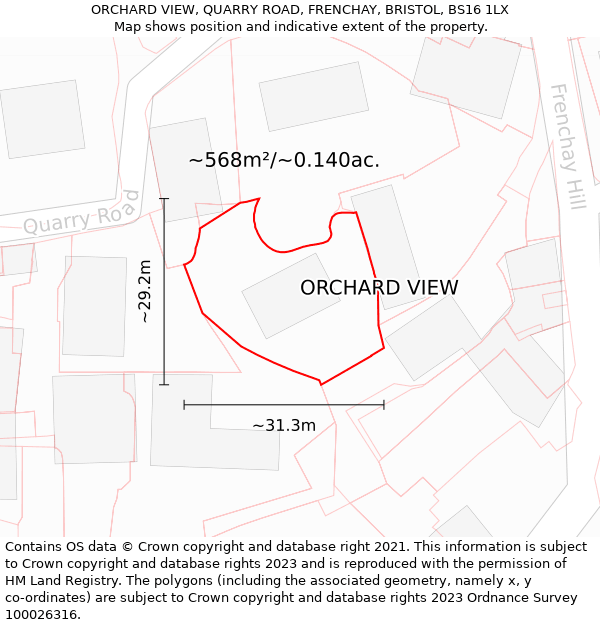 ORCHARD VIEW, QUARRY ROAD, FRENCHAY, BRISTOL, BS16 1LX: Plot and title map