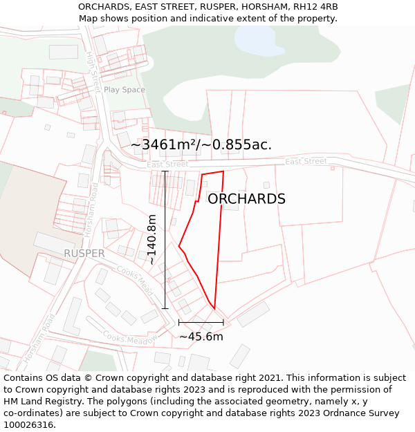 ORCHARDS, EAST STREET, RUSPER, HORSHAM, RH12 4RB: Plot and title map