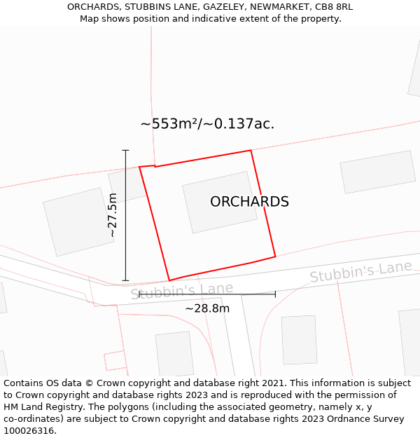 ORCHARDS, STUBBINS LANE, GAZELEY, NEWMARKET, CB8 8RL: Plot and title map