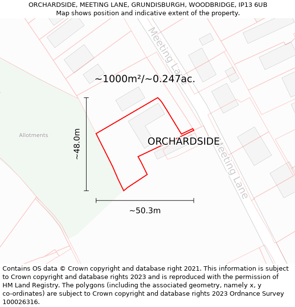 ORCHARDSIDE, MEETING LANE, GRUNDISBURGH, WOODBRIDGE, IP13 6UB: Plot and title map