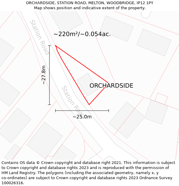 ORCHARDSIDE, STATION ROAD, MELTON, WOODBRIDGE, IP12 1PY: Plot and title map