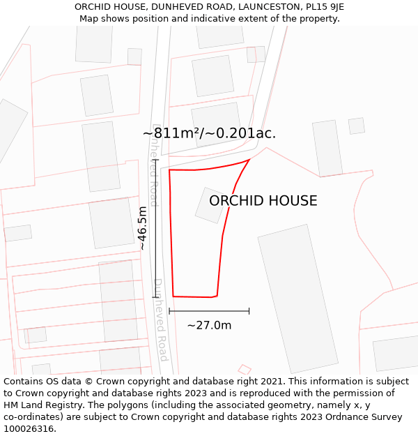 ORCHID HOUSE, DUNHEVED ROAD, LAUNCESTON, PL15 9JE: Plot and title map