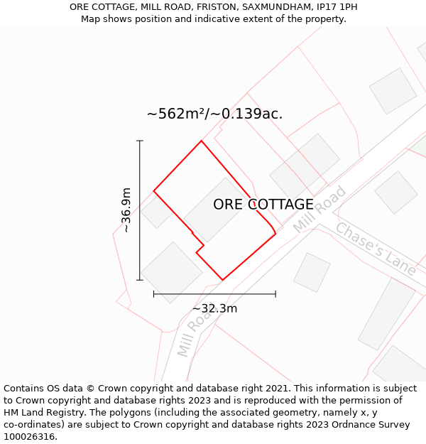 ORE COTTAGE, MILL ROAD, FRISTON, SAXMUNDHAM, IP17 1PH: Plot and title map