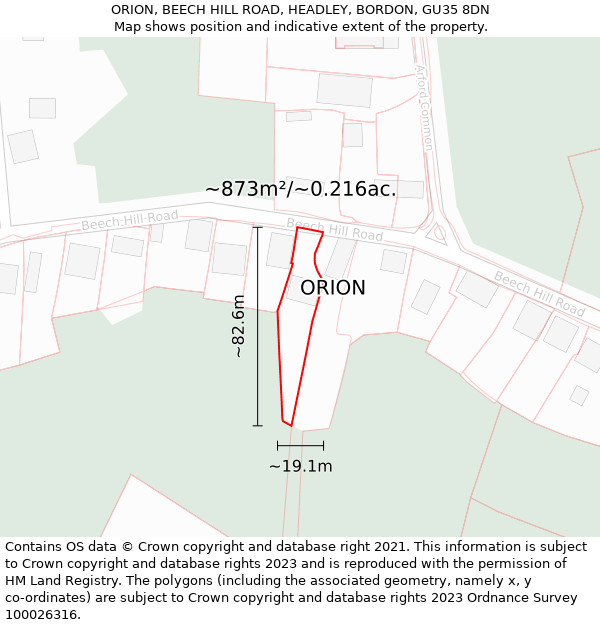 ORION, BEECH HILL ROAD, HEADLEY, BORDON, GU35 8DN: Plot and title map