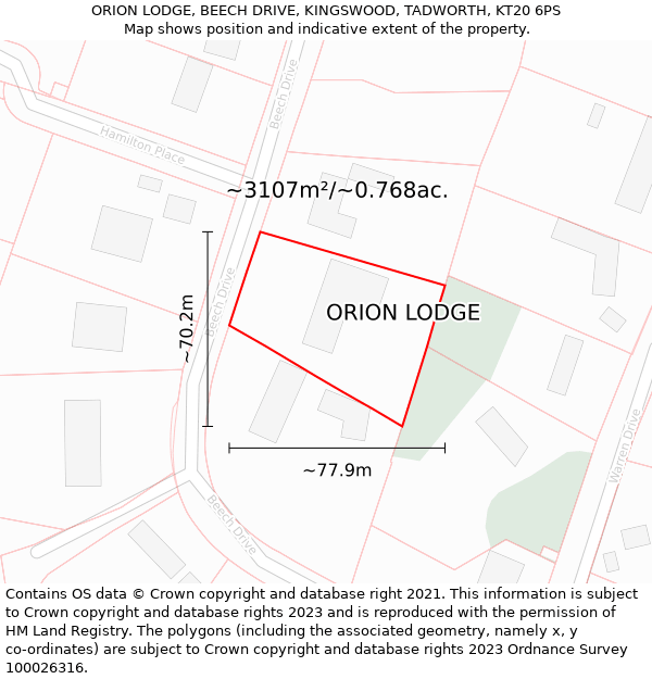 ORION LODGE, BEECH DRIVE, KINGSWOOD, TADWORTH, KT20 6PS: Plot and title map