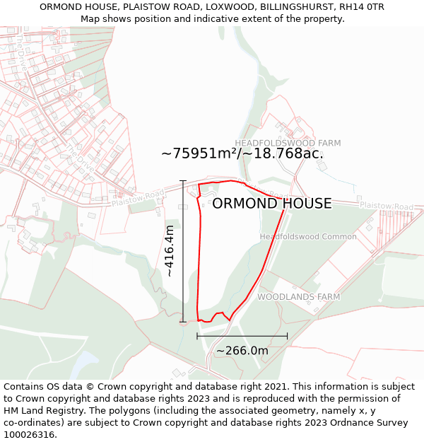 ORMOND HOUSE, PLAISTOW ROAD, LOXWOOD, BILLINGSHURST, RH14 0TR: Plot and title map