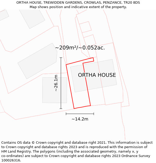 ORTHA HOUSE, TREWIDDEN GARDENS, CROWLAS, PENZANCE, TR20 8DS: Plot and title map