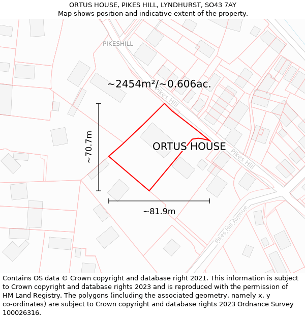 ORTUS HOUSE, PIKES HILL, LYNDHURST, SO43 7AY: Plot and title map