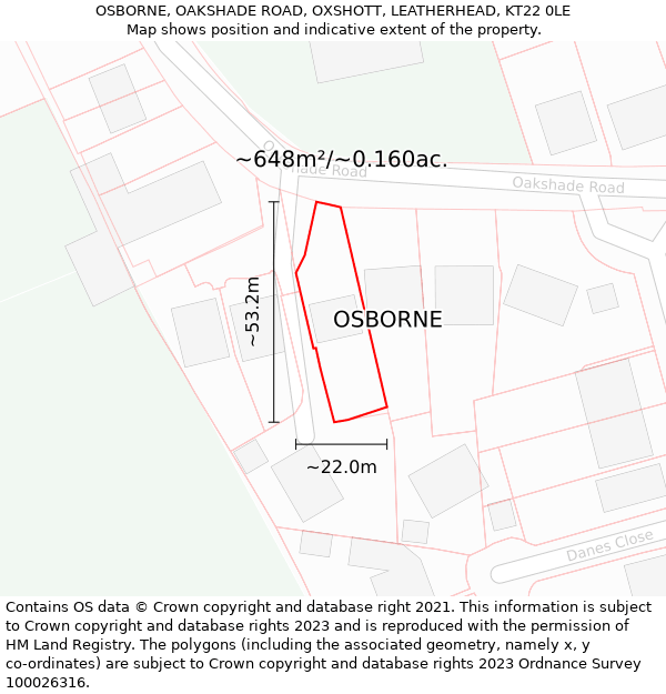 OSBORNE, OAKSHADE ROAD, OXSHOTT, LEATHERHEAD, KT22 0LE: Plot and title map