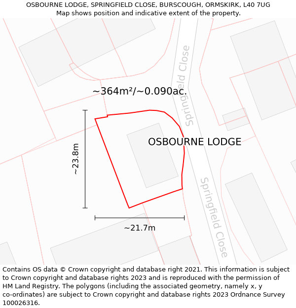 OSBOURNE LODGE, SPRINGFIELD CLOSE, BURSCOUGH, ORMSKIRK, L40 7UG: Plot and title map