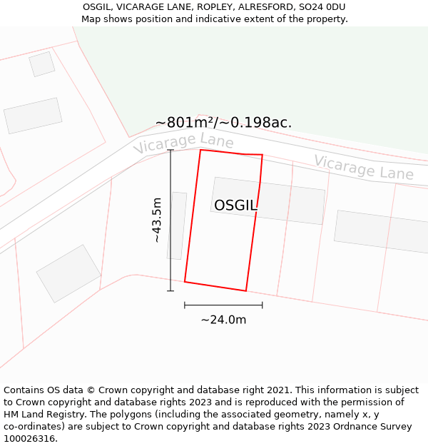 OSGIL, VICARAGE LANE, ROPLEY, ALRESFORD, SO24 0DU: Plot and title map