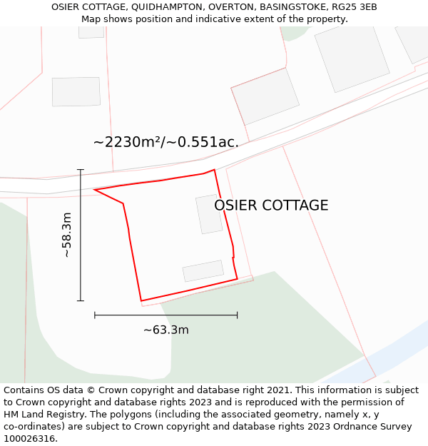 OSIER COTTAGE, QUIDHAMPTON, OVERTON, BASINGSTOKE, RG25 3EB: Plot and title map