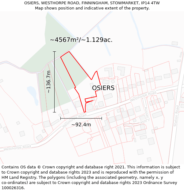 OSIERS, WESTHORPE ROAD, FINNINGHAM, STOWMARKET, IP14 4TW: Plot and title map