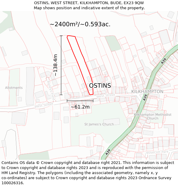 OSTINS, WEST STREET, KILKHAMPTON, BUDE, EX23 9QW: Plot and title map