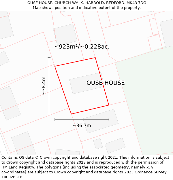 OUSE HOUSE, CHURCH WALK, HARROLD, BEDFORD, MK43 7DG: Plot and title map