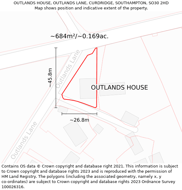 OUTLANDS HOUSE, OUTLANDS LANE, CURDRIDGE, SOUTHAMPTON, SO30 2HD: Plot and title map