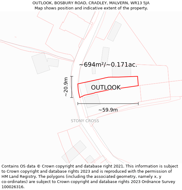 OUTLOOK, BOSBURY ROAD, CRADLEY, MALVERN, WR13 5JA: Plot and title map