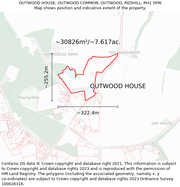 OUTWOOD HOUSE, OUTWOOD COMMON, OUTWOOD, REDHILL, RH1 5PW: Plot and title map