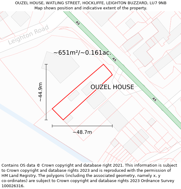 OUZEL HOUSE, WATLING STREET, HOCKLIFFE, LEIGHTON BUZZARD, LU7 9NB: Plot and title map