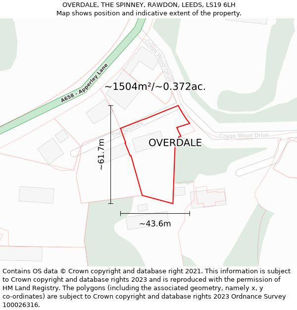 OVERDALE, THE SPINNEY, RAWDON, LEEDS, LS19 6LH: Plot and title map