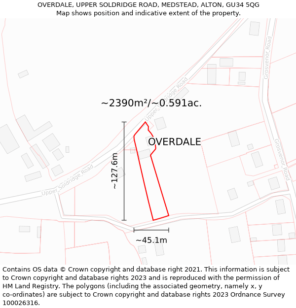 OVERDALE, UPPER SOLDRIDGE ROAD, MEDSTEAD, ALTON, GU34 5QG: Plot and title map