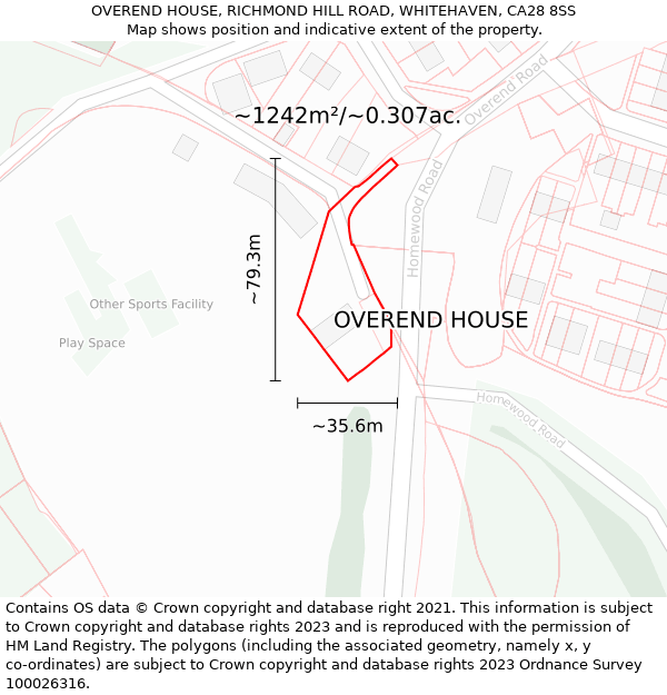 OVEREND HOUSE, RICHMOND HILL ROAD, WHITEHAVEN, CA28 8SS: Plot and title map