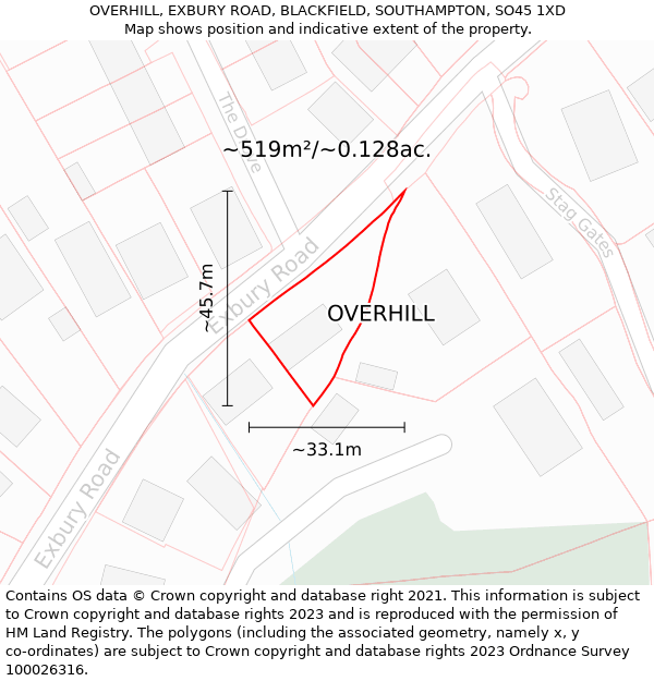 OVERHILL, EXBURY ROAD, BLACKFIELD, SOUTHAMPTON, SO45 1XD: Plot and title map