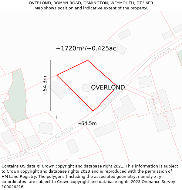 OVERLOND, ROMAN ROAD, OSMINGTON, WEYMOUTH, DT3 6ER: Plot and title map