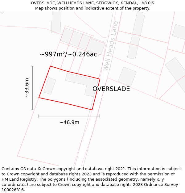 OVERSLADE, WELLHEADS LANE, SEDGWICK, KENDAL, LA8 0JS: Plot and title map